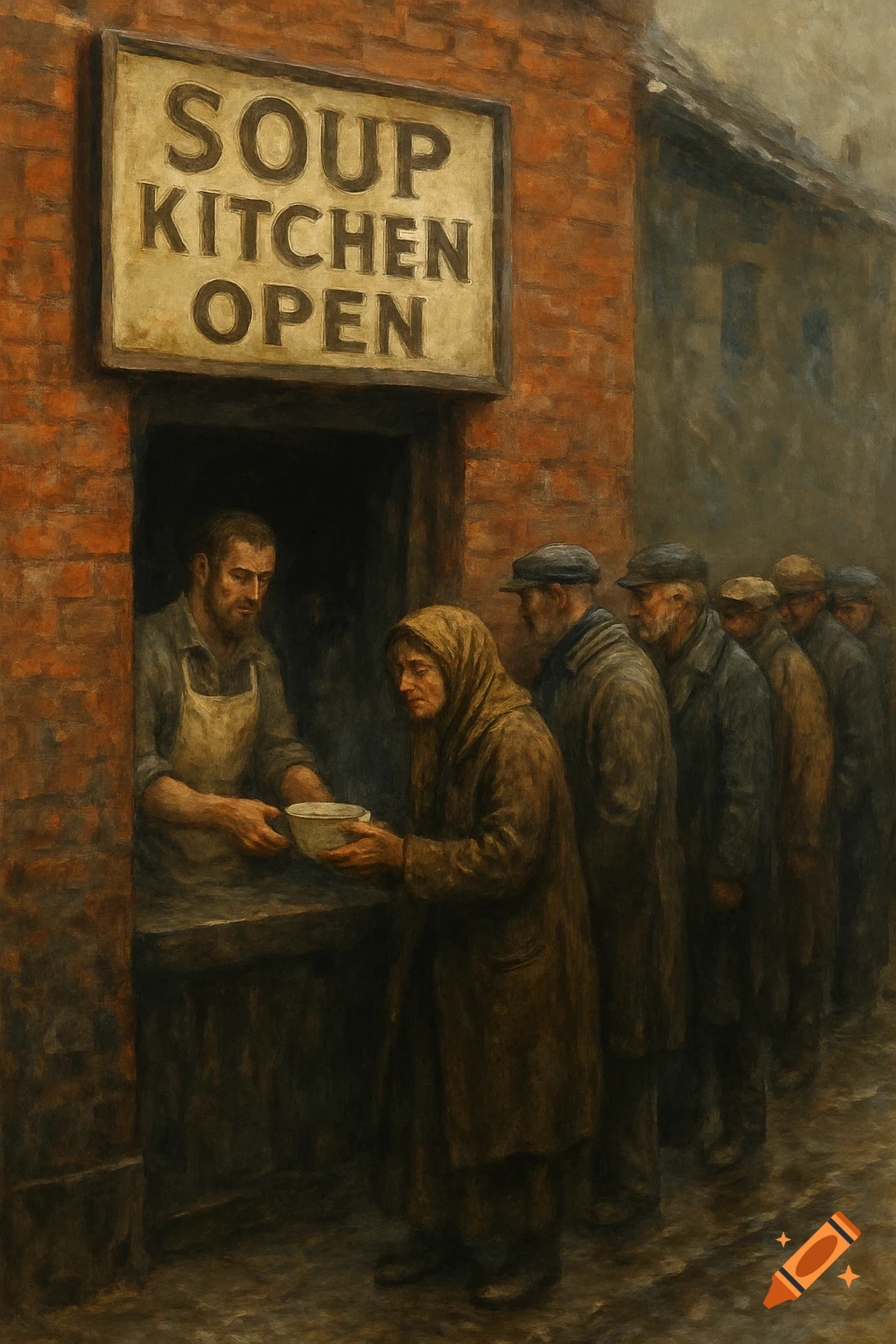 A painting of people lining up at a soup kitchen window. A sign above reads "SOUP KITCHEN OPEN".