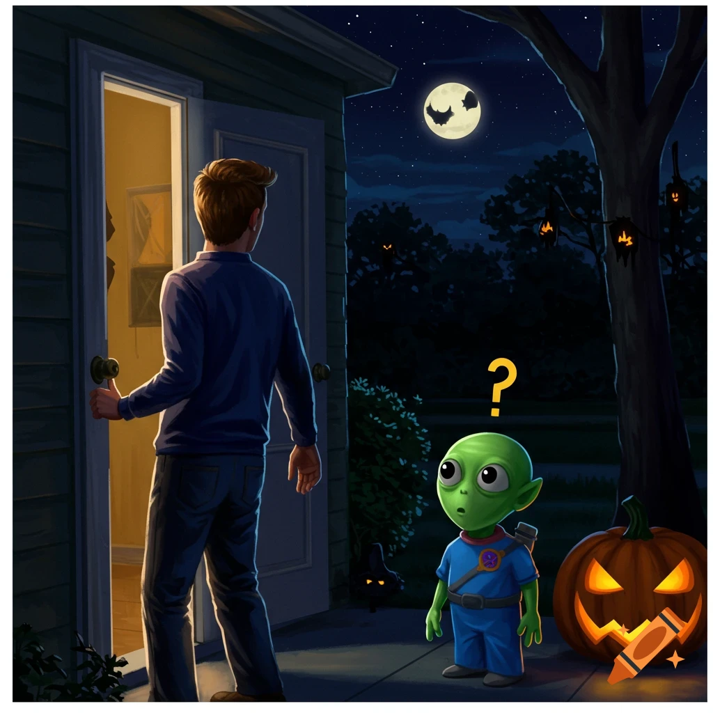 Man opens door at night to find a small green alien and a jack-o'-lantern on the porch.