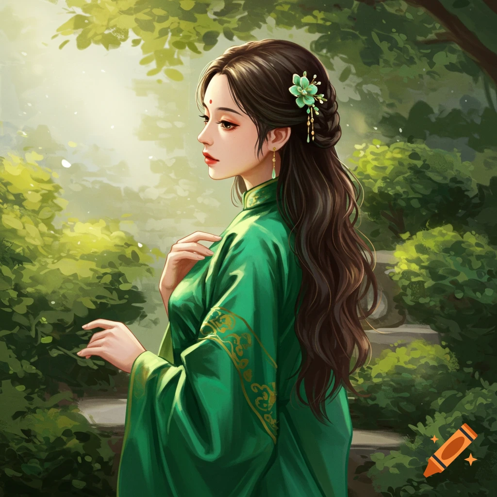 An Asian woman in a green traditional dress stands in a forest, illustration.