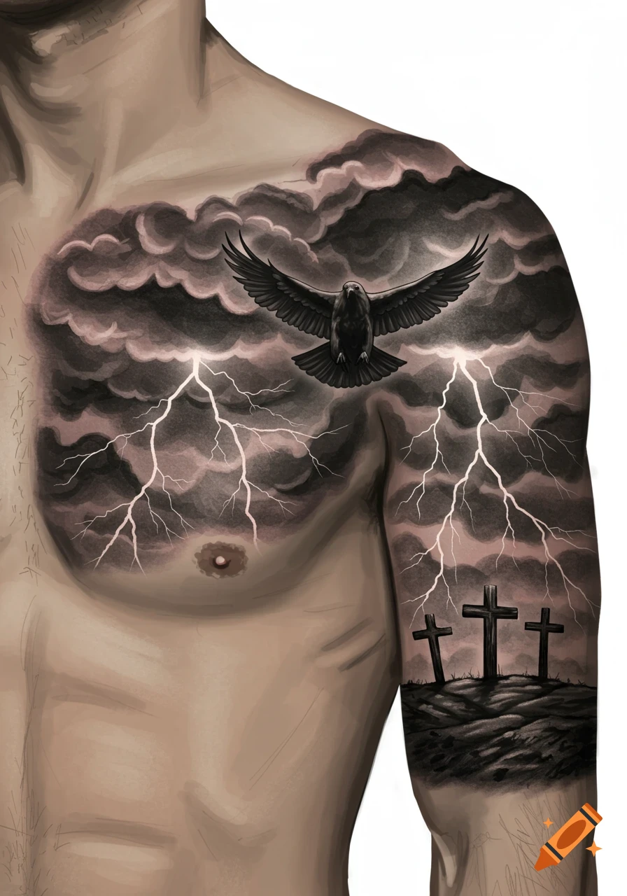 Black and gray tattoo design on a man's chest and arm featuring storm  clouds, lightning, a bird, and three crosses. on Craiyon, image size:896x1280