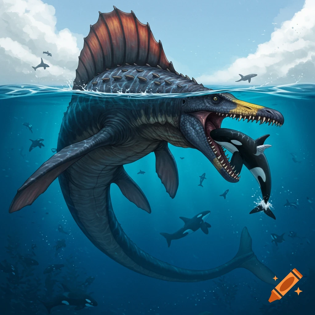 Large prehistoric sea creature attacking a killer whale underwater.