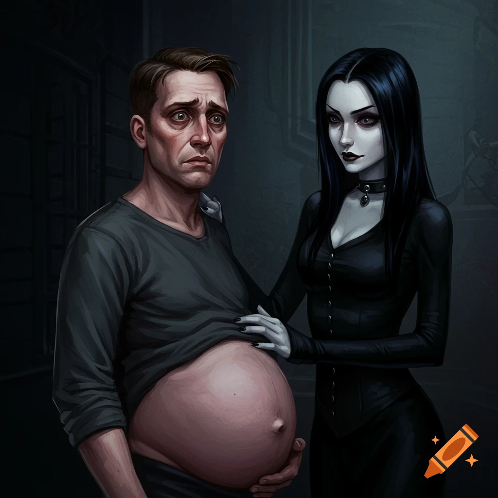 Illustration of a worried pregnant man standing next to a gothic woman touching his belly.