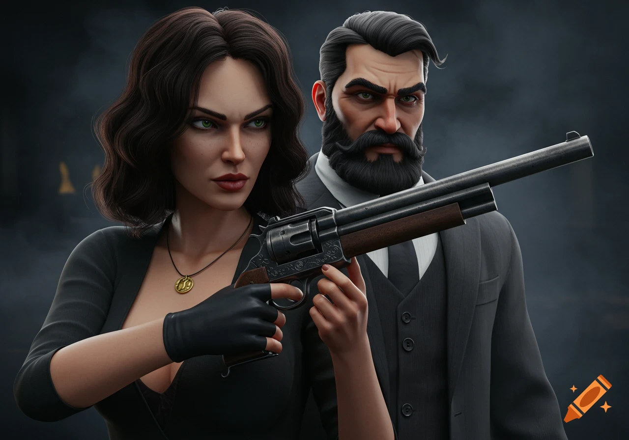 Stylized 3D rendering of a mafia couple holding a large revolver.