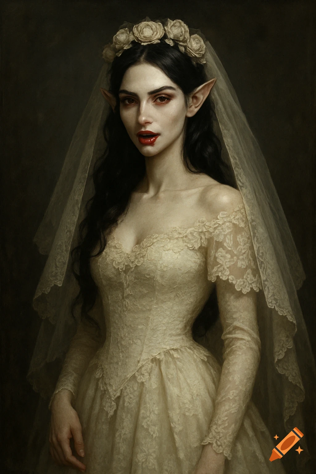 A portrait of an elven vampire woman in a wedding dress and veil with blood on her mouth.