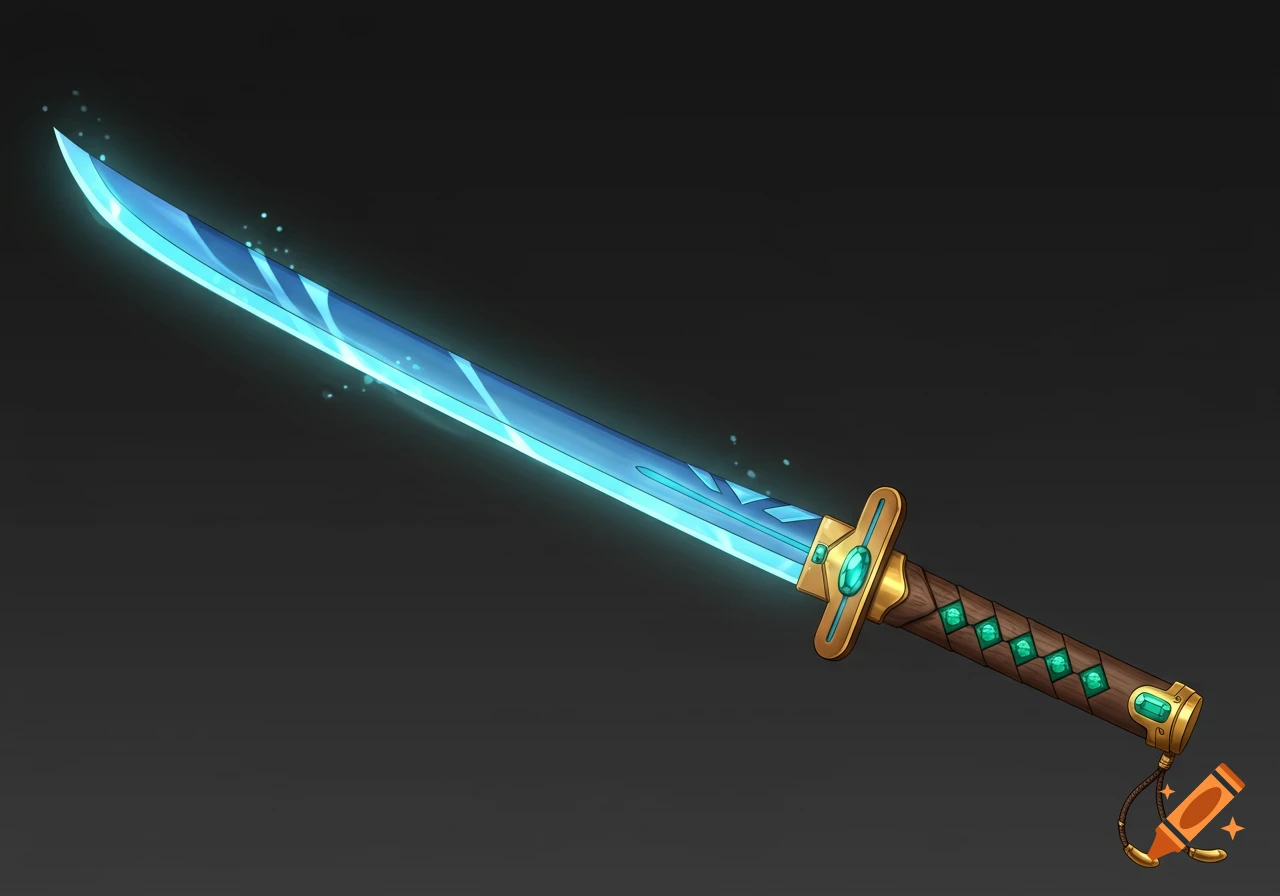 Stylized glowing blue fantasy sword with wood handle, gold accents, and green gems against a dark background.