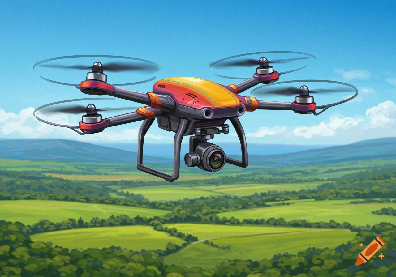 An illustration of a drone flying over green rolling hills.