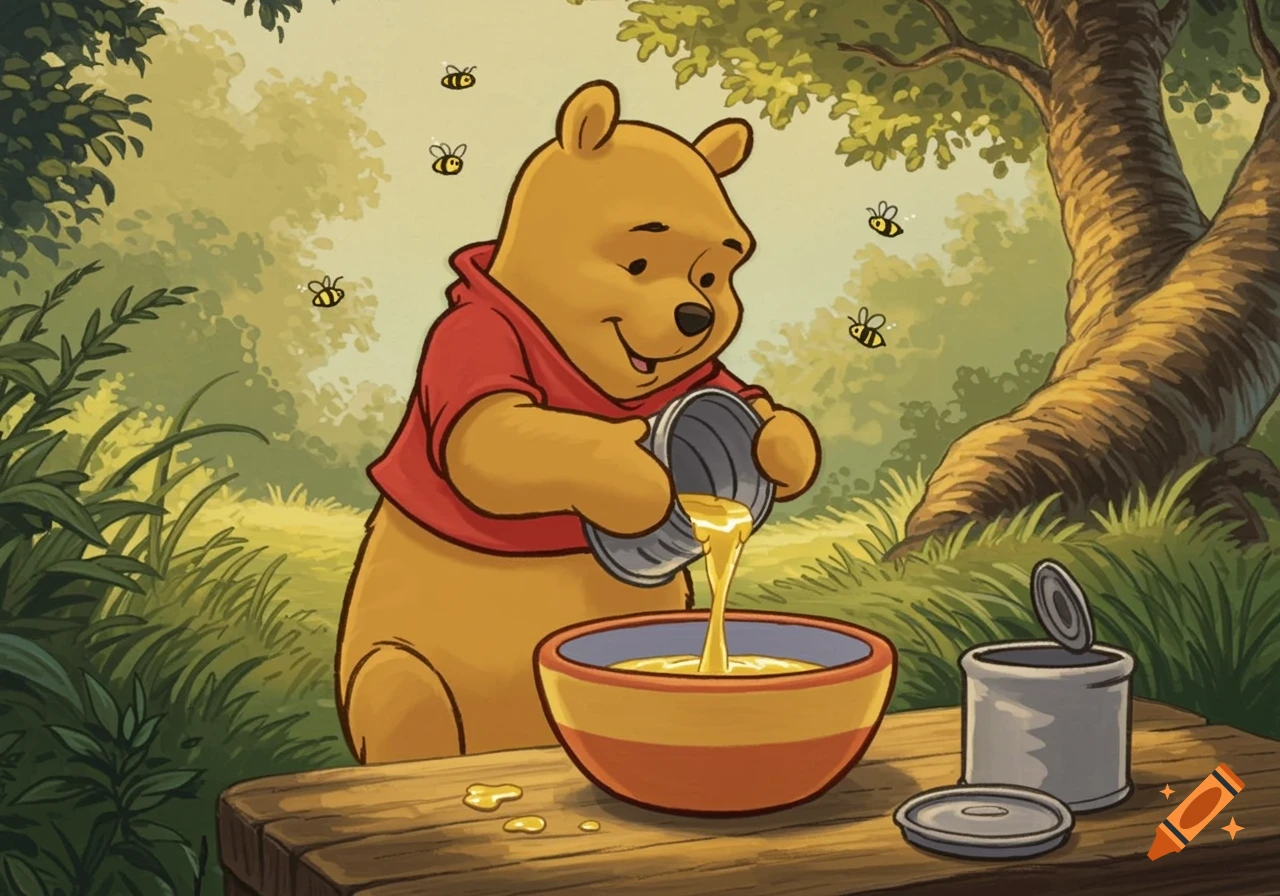 Winnie the Pooh pouring honey into a bowl in a forest clearing with bees flying around