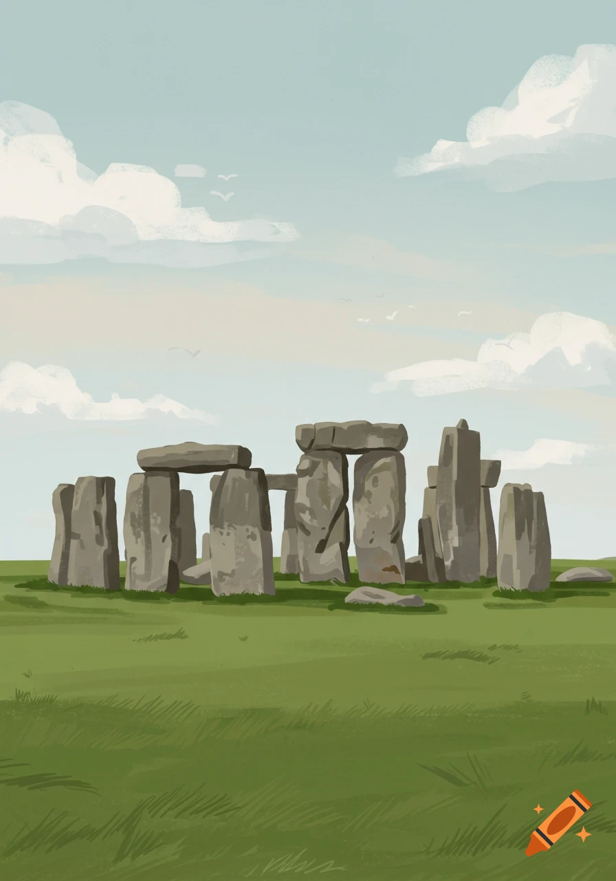 An illustration of Stonehenge standing in a grassy field under a cloudy sky.