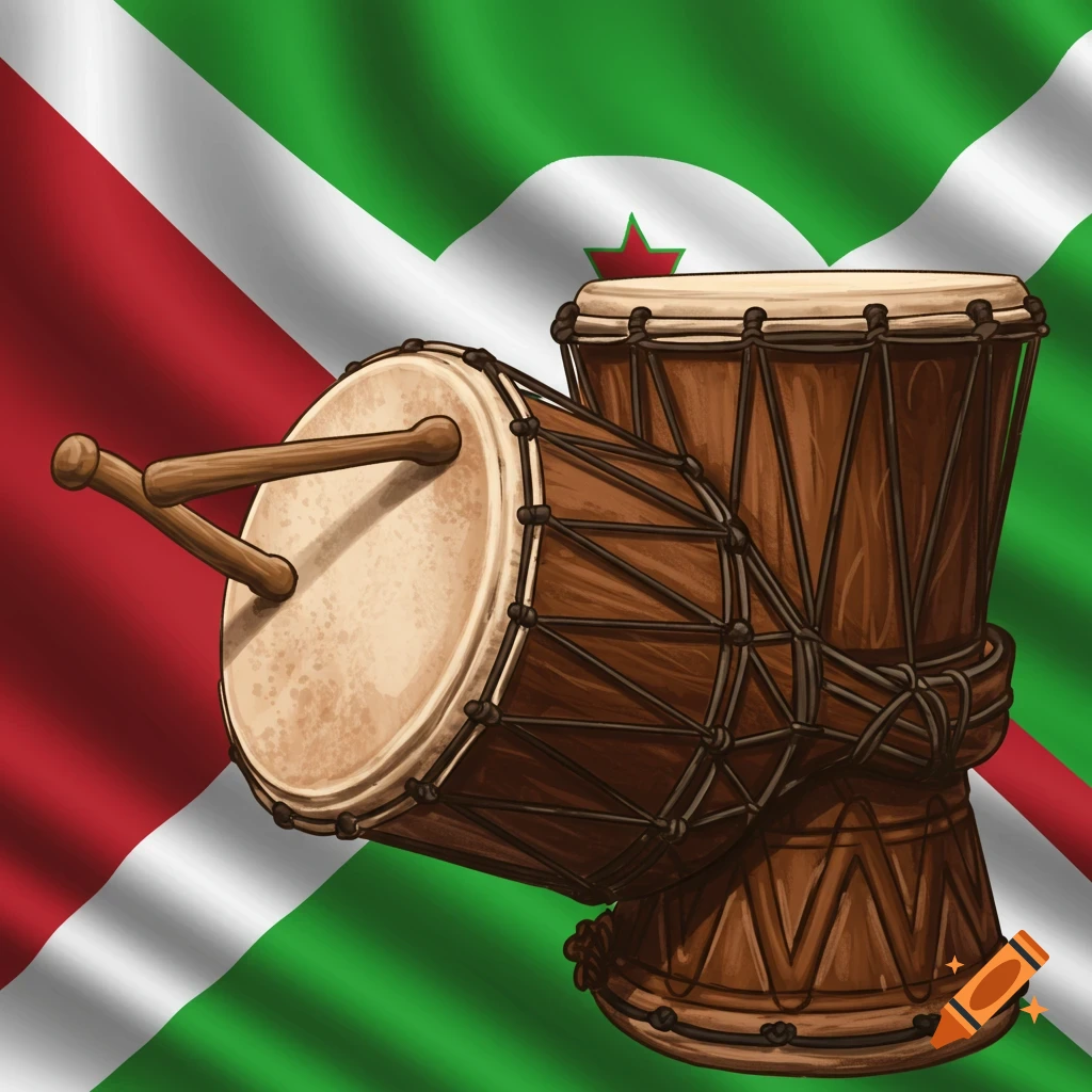 Illustration of two drums in front of the Burundian flag.