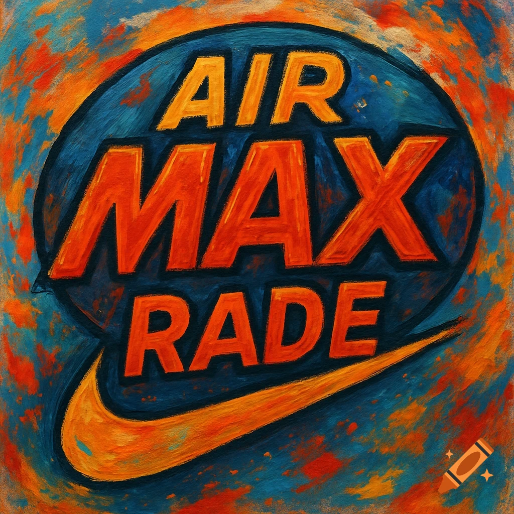 Air Max Rade logo with Nike swoosh in vibrant painterly style with orange and blue.