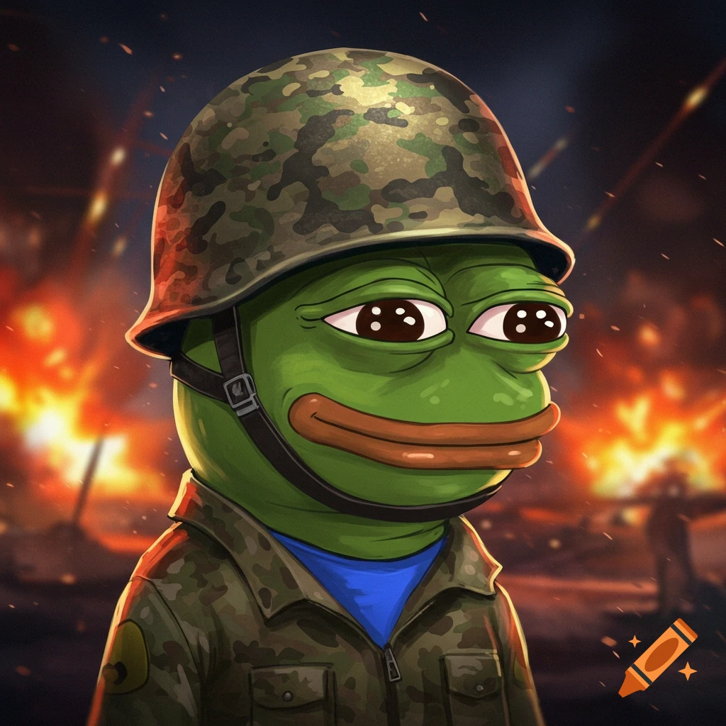 Illustration of Pepe the Frog wearing a military helmet and uniform in a wartime scene with explosions.
