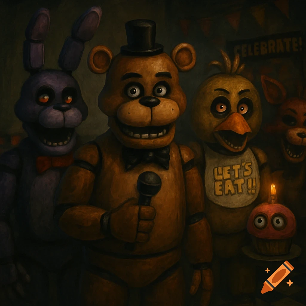 Four creepy animatronic characters, resembling Freddy, Bonnie, Chica, and Foxy, stand together in a dark room decorated for a birthday party.