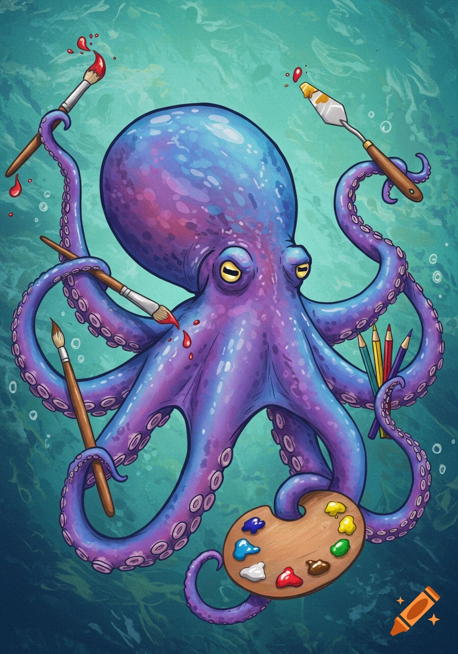 A cartoon purple octopus holds paint brushes, pencils, and a palette against an aquatic background.