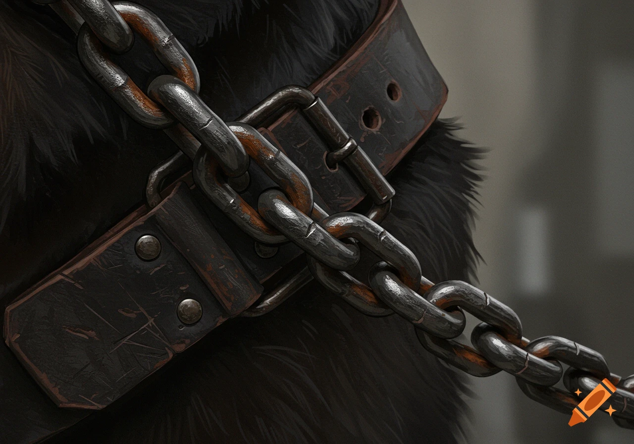 Close-up of a weathered leather collar with a heavy metal chain attached to dark fur.
