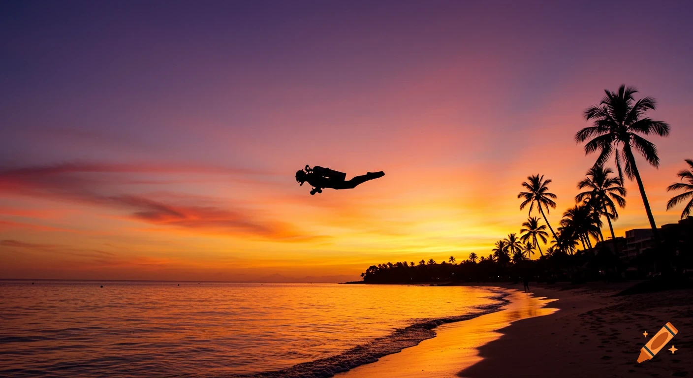 Silhouette of a diver flying above a beach at sunset with palm trees