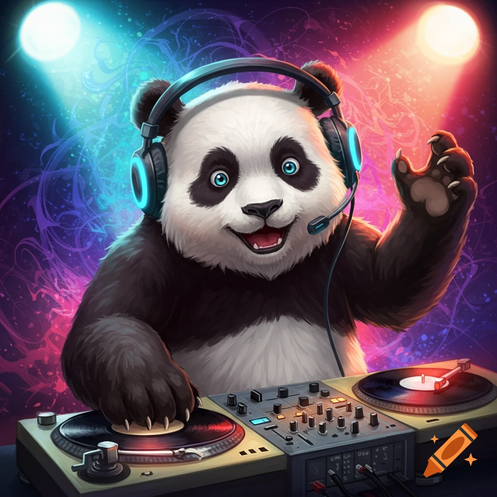 A cute cartoon panda wears headphones and DJs on turntables with bright lights.