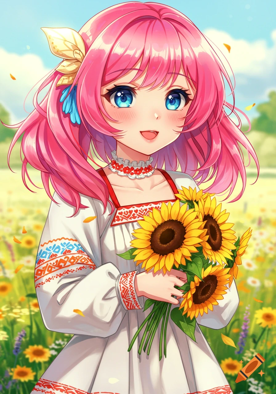 Anime girl with pink hair holding sunflowers in a field, wearing a traditional dress.