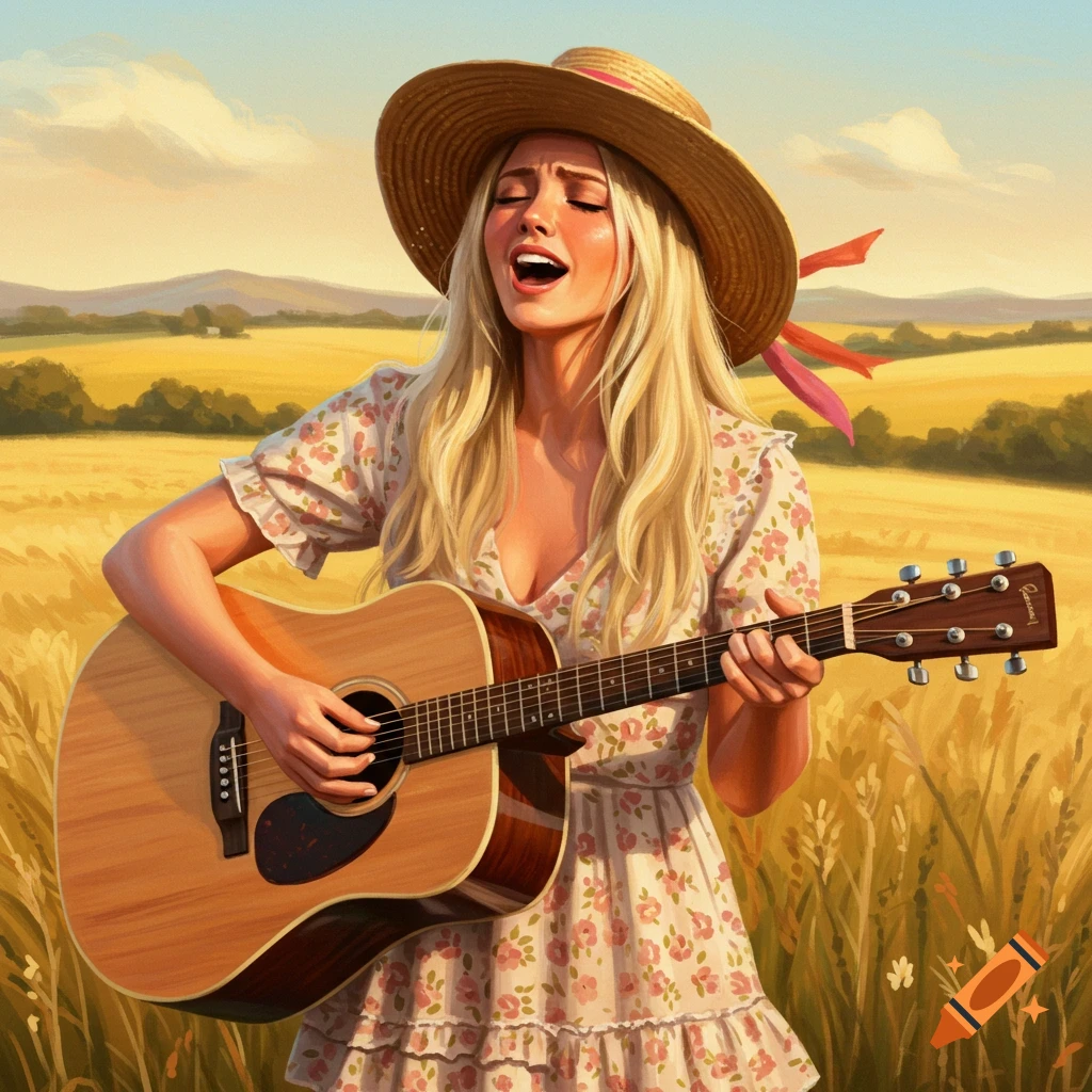 A blonde woman in a hat and floral dress plays a guitar and sings in a sunlit field.