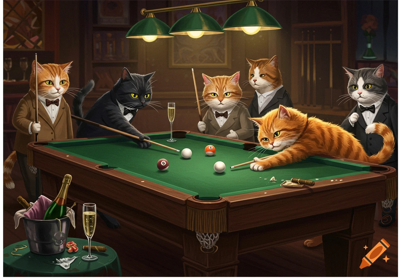 Cats in suits play billiards in a dimly lit room.