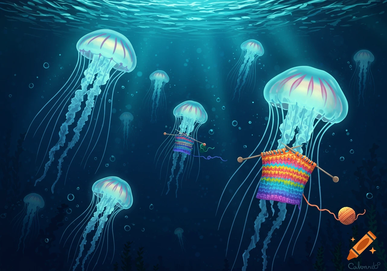 Jellyfish knitting colorful sweaters underwater in an illustrative style.