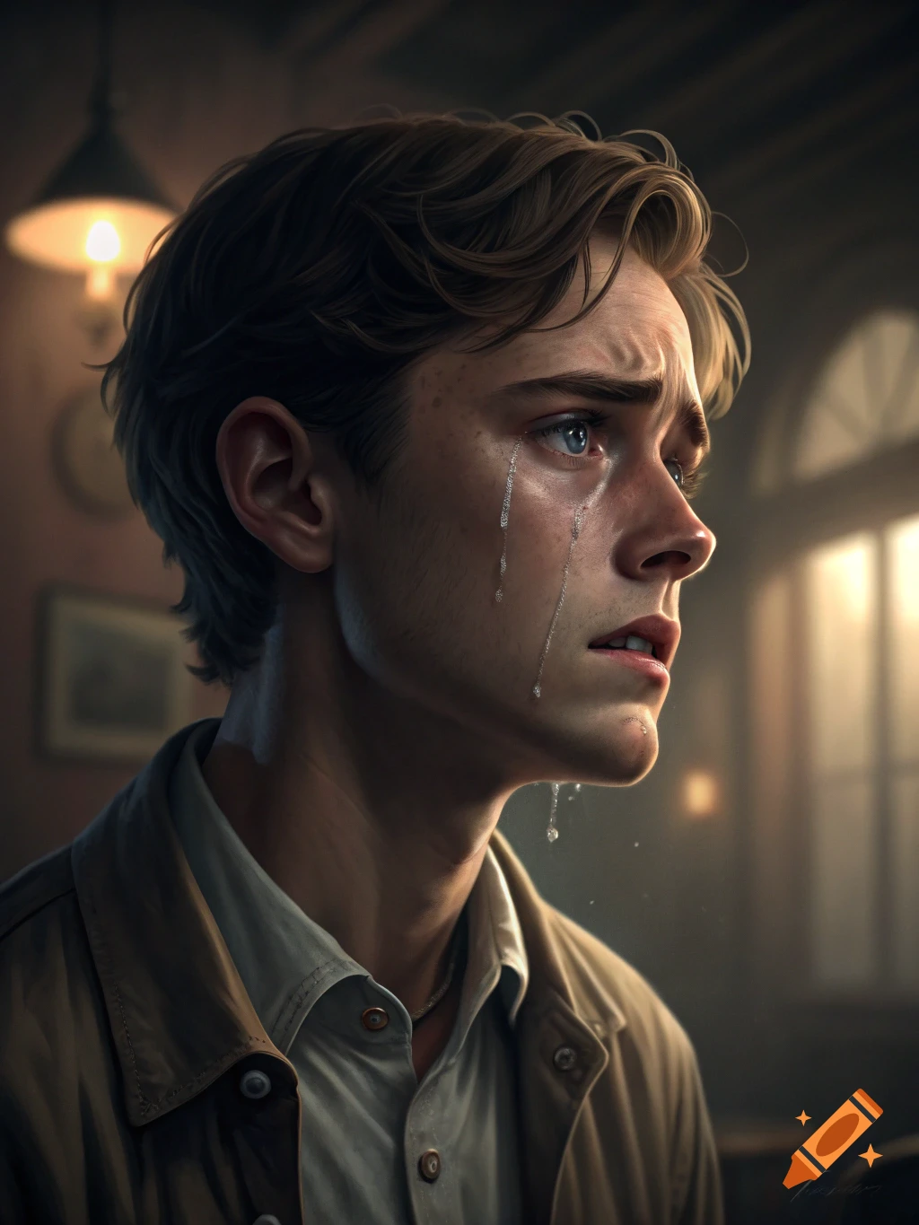 Close-up portrait of a young man crying, photorealistic style