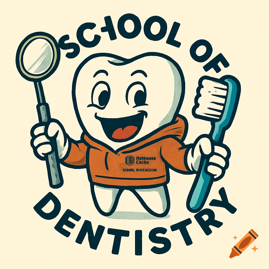 Cartoon logo of a tooth character in a hoodie holding a dental mirror and toothbrush, with 'SCHOOL OF DENTISTRY' text.
