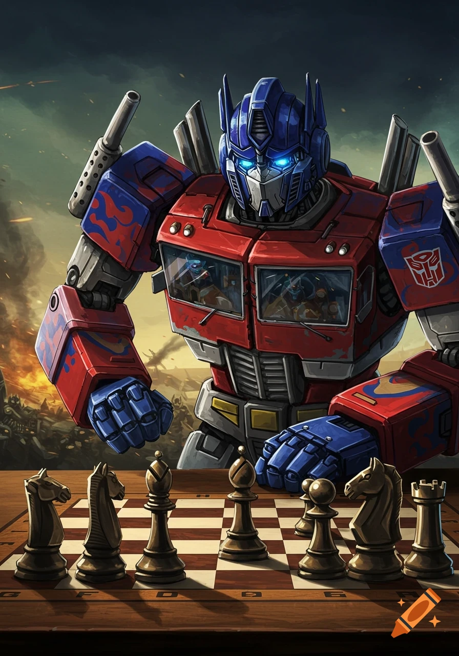 Optimus Prime, a red and blue robot, plays a game of chess in a detailed illustration.