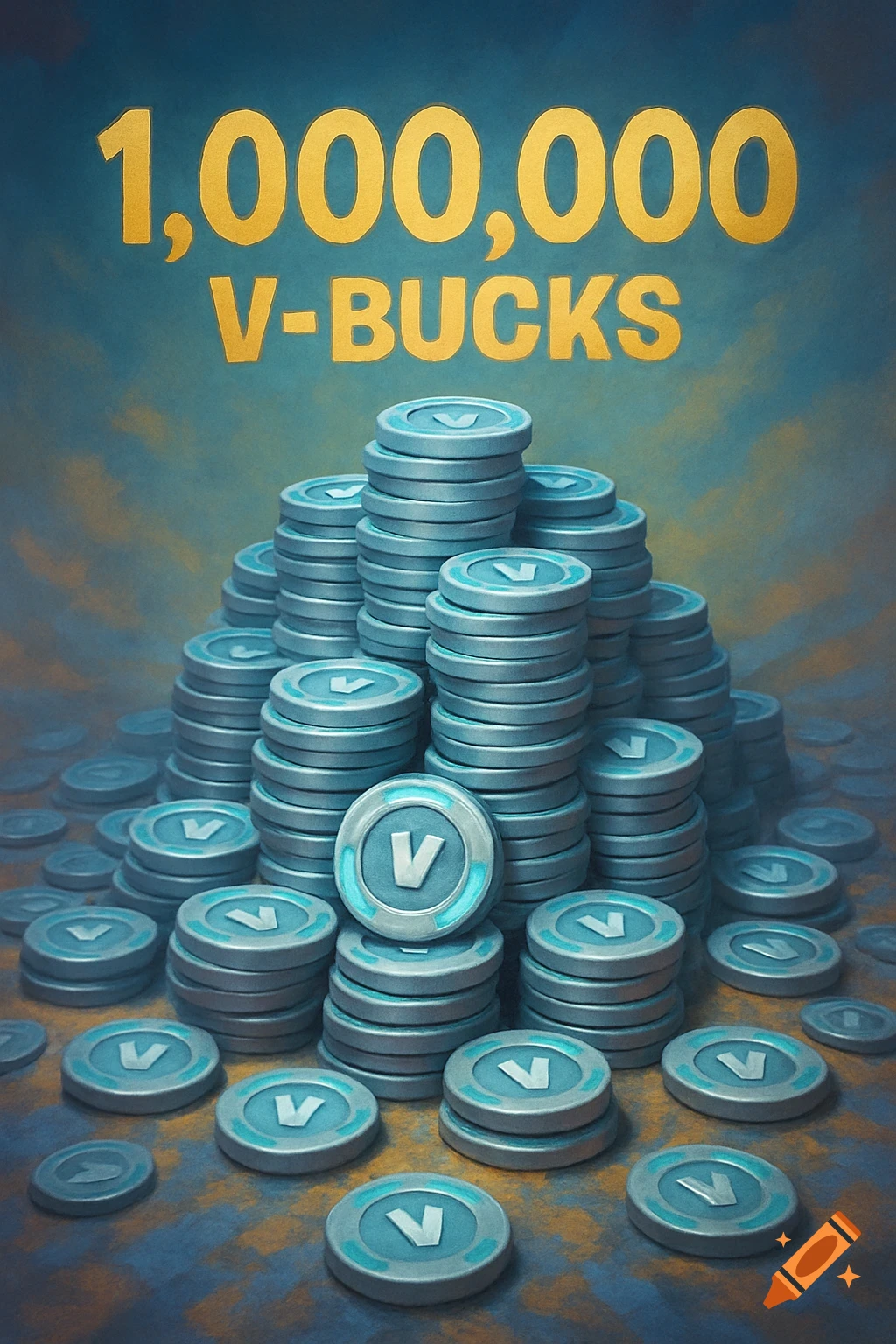 A large pile of blue and silver V-Bucks coins with '1,000,000 V-BUCKS' text at the top.