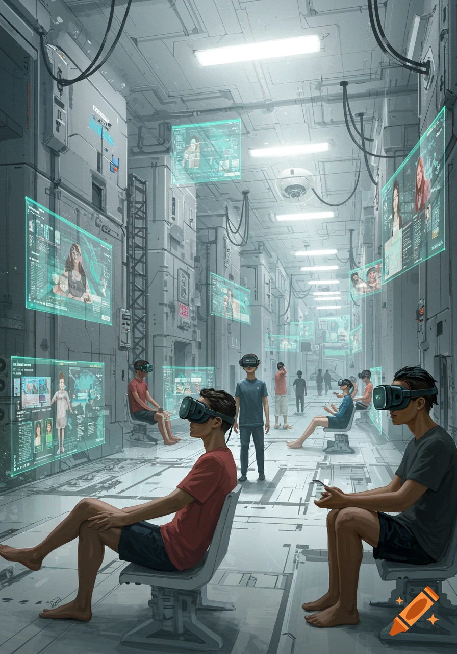 People in VR headsets in a futuristic room with large holographic screens