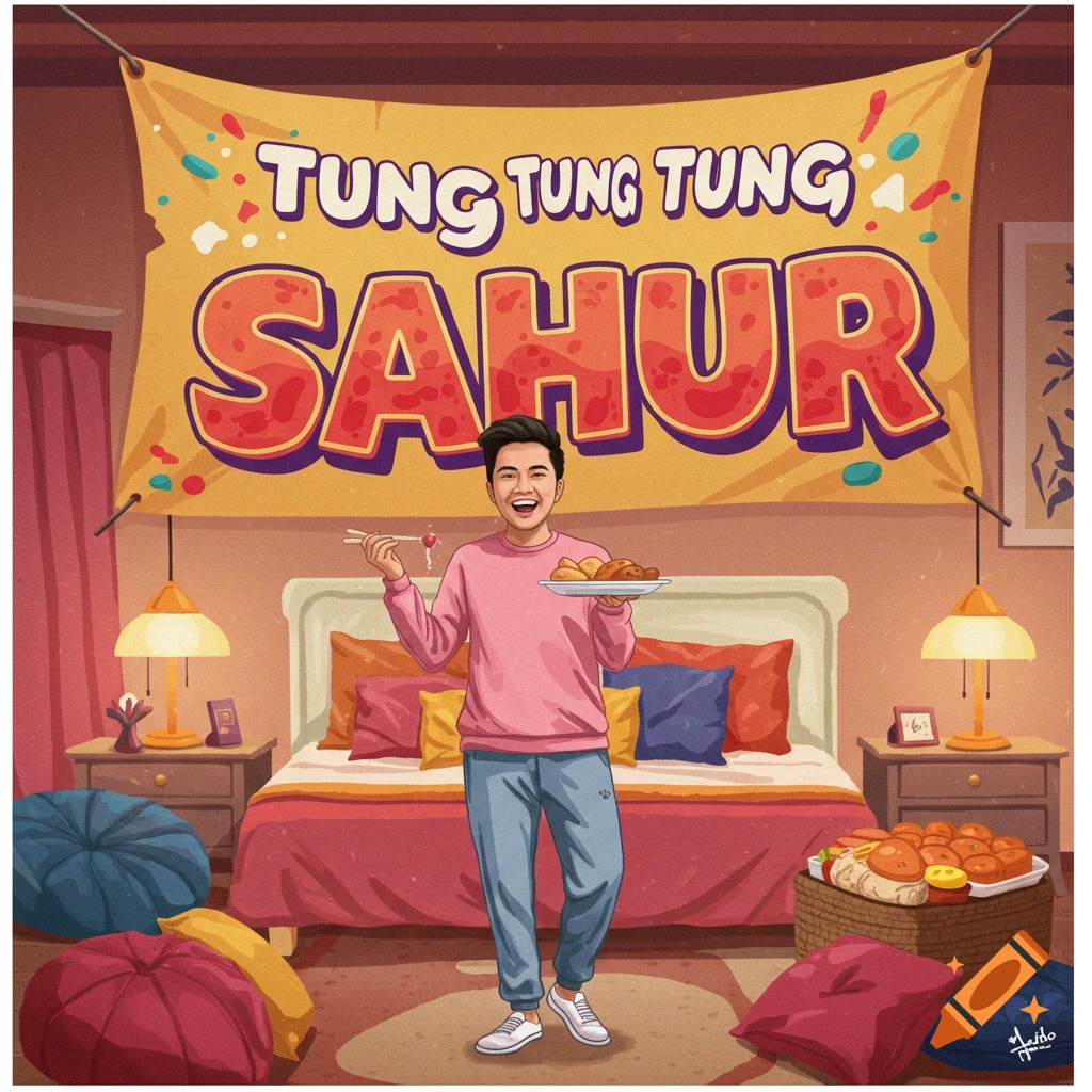Illustration of a smiling man holding food in a bedroom with a 'Tung Tung Tung Sahur' banner.