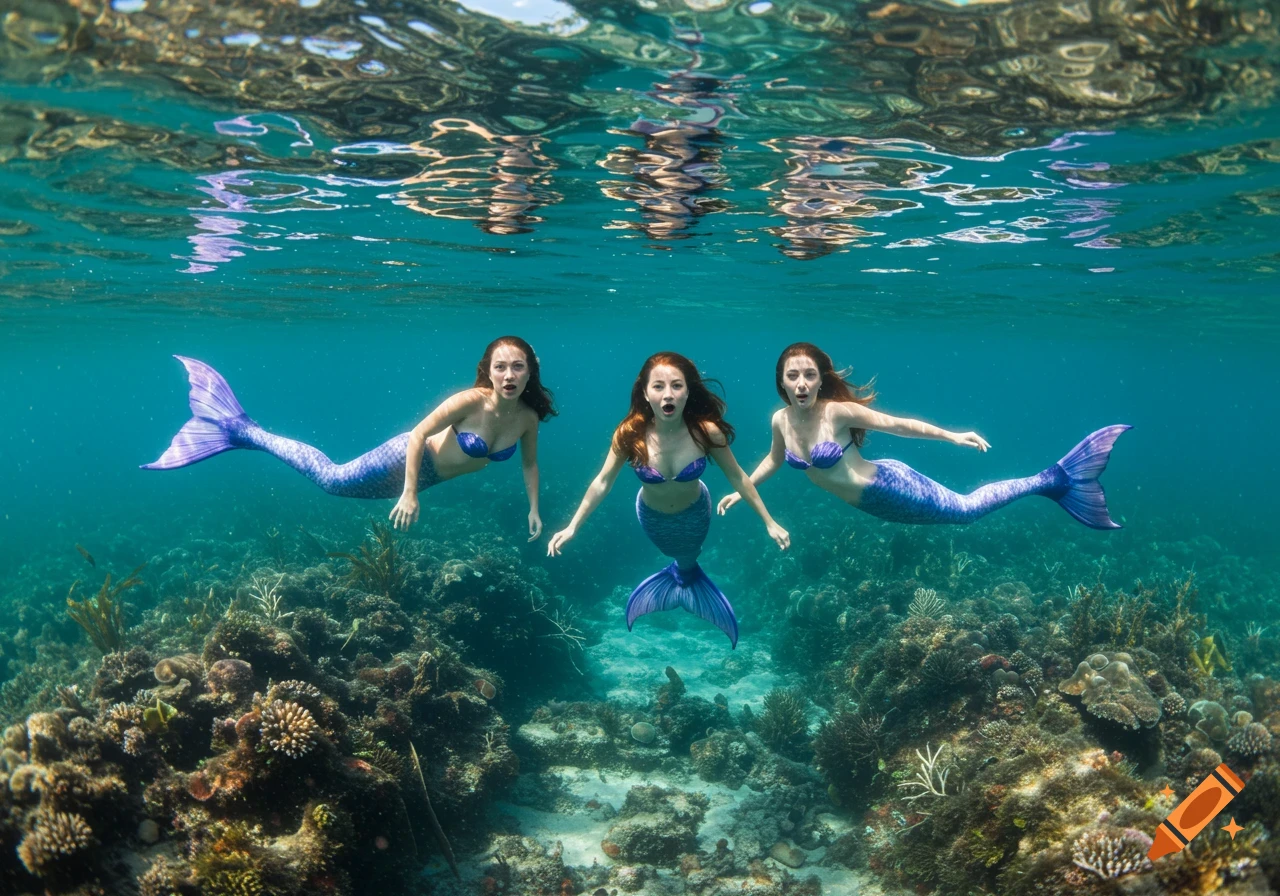 Three mermaids swim underwater among coral reefs