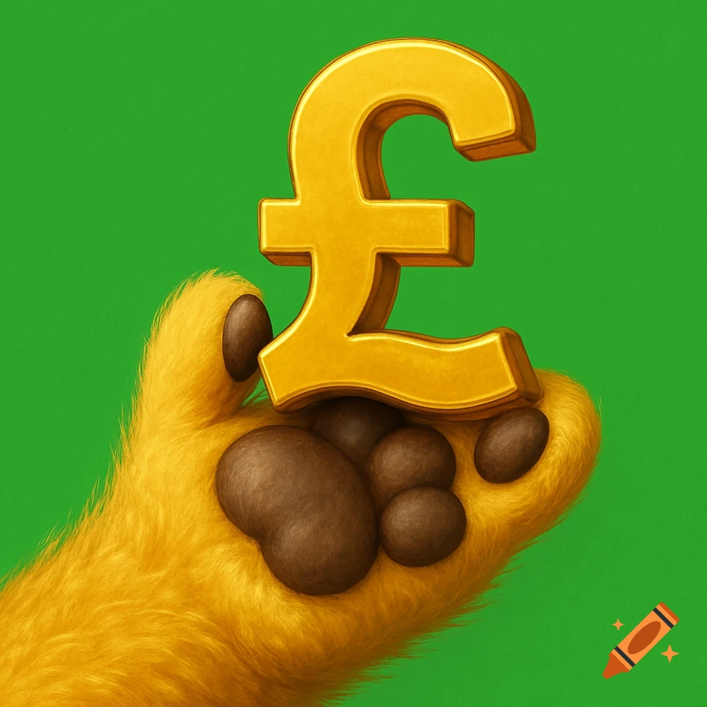 A furry yellow paw holds a large golden pound sign against a green background.