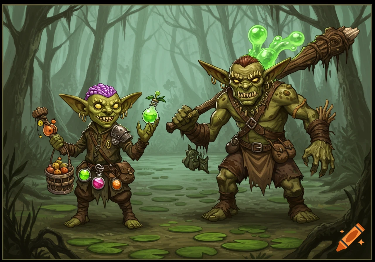 Illustration of two goblins, an alchemist and a brute with a club, standing in a swamp.