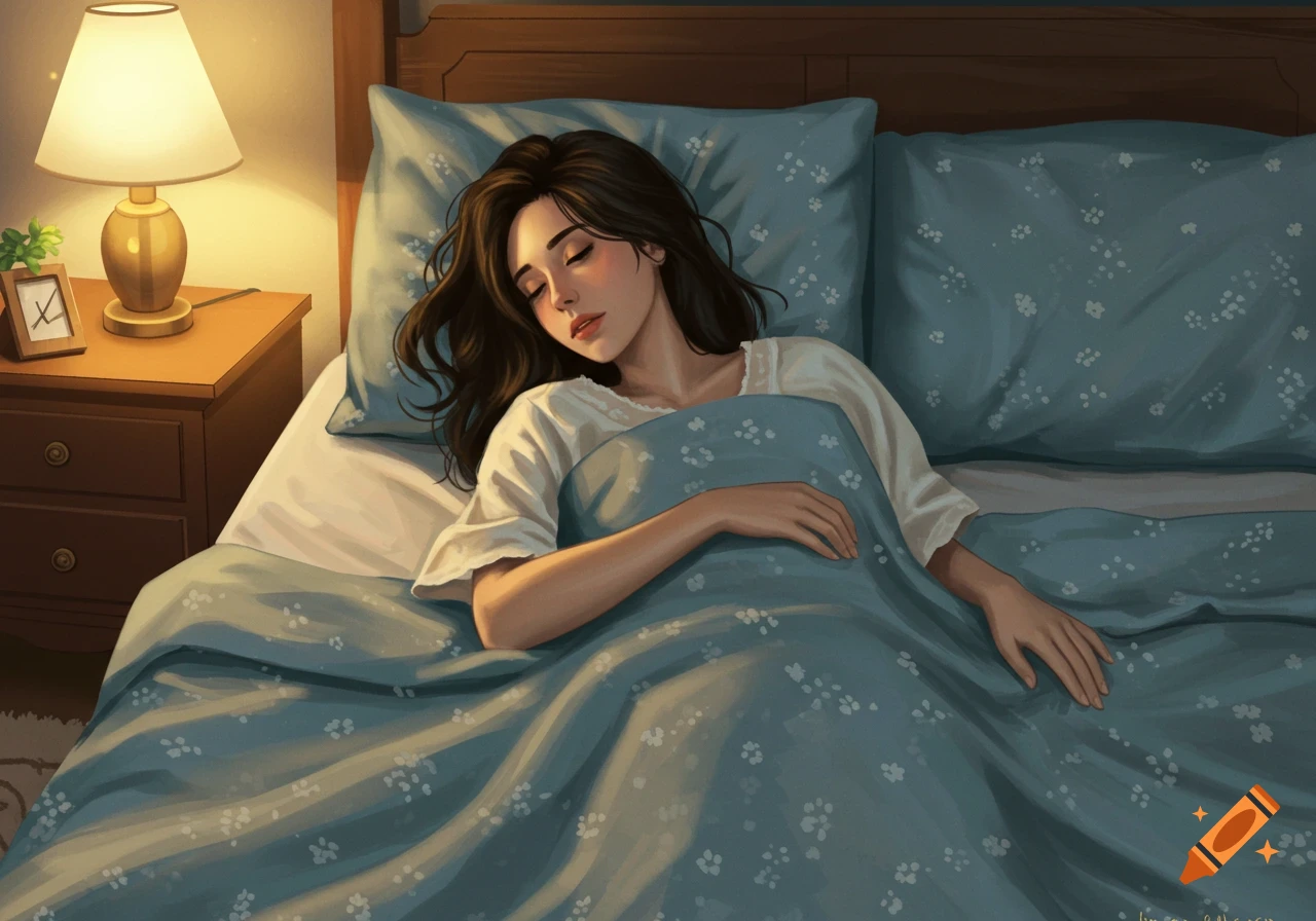 Illustration of a woman sleeping peacefully in bed.