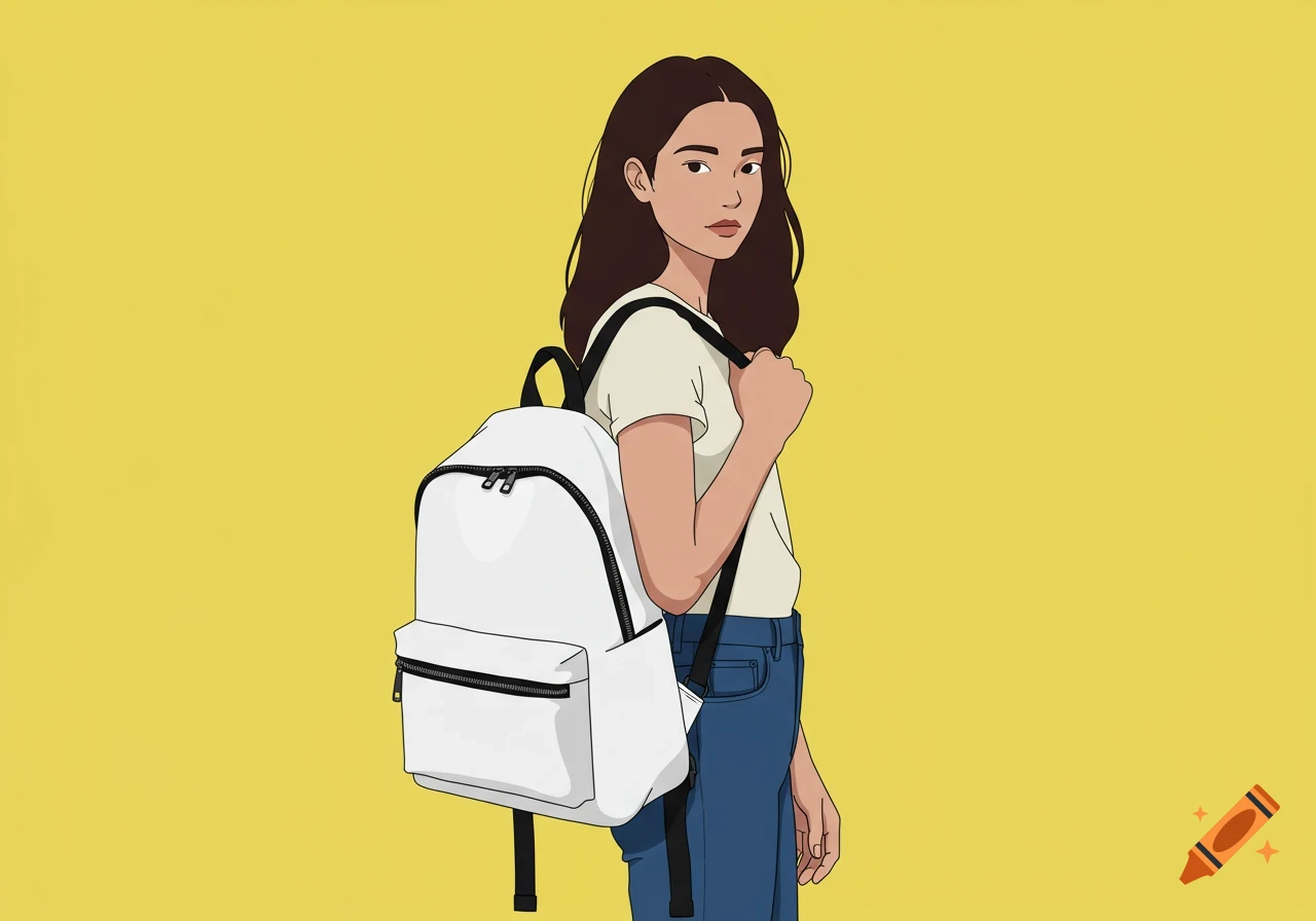 An illustration of a woman with a backpack against a yellow background.