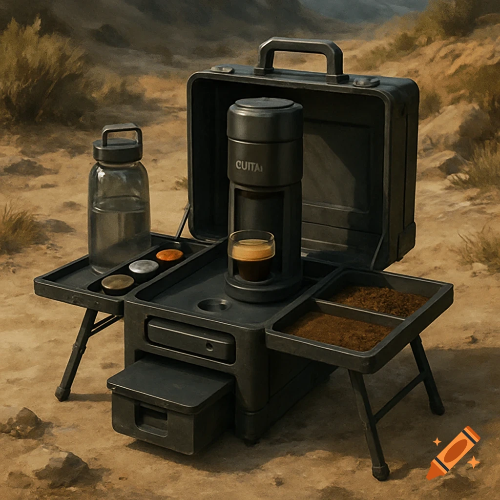 Portable coffee station with water bottle and coffee grounds set up in a desert landscape.