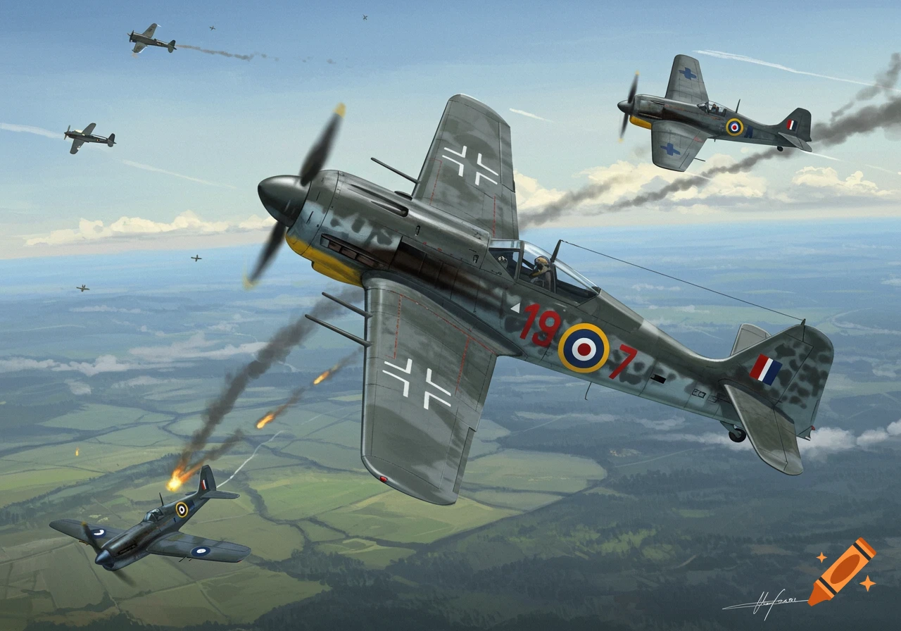 Illustration of WWII planes in a dogfight, with a German FW190 shooting down a British-marked F4 Wildcat.