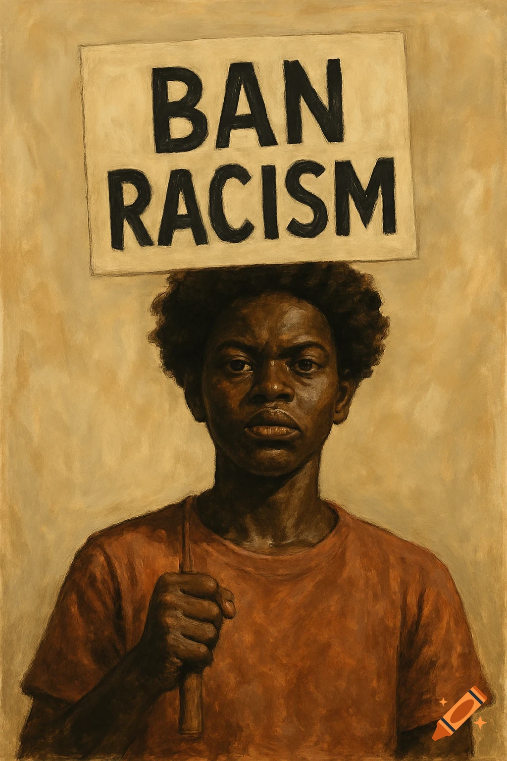 Painting of a person holding a sign that says "BAN RACISM".