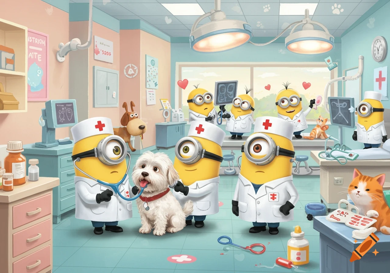 Cartoon Minions dressed as vets examine a dog and cat in a colorful veterinary clinic.