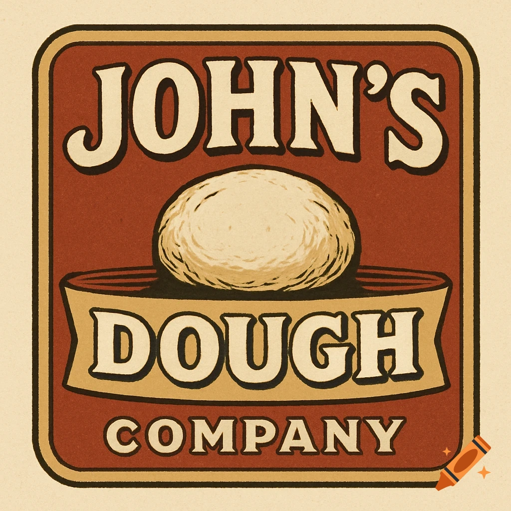 Vintage style label for John's Dough Company with text and a ball of dough icon.