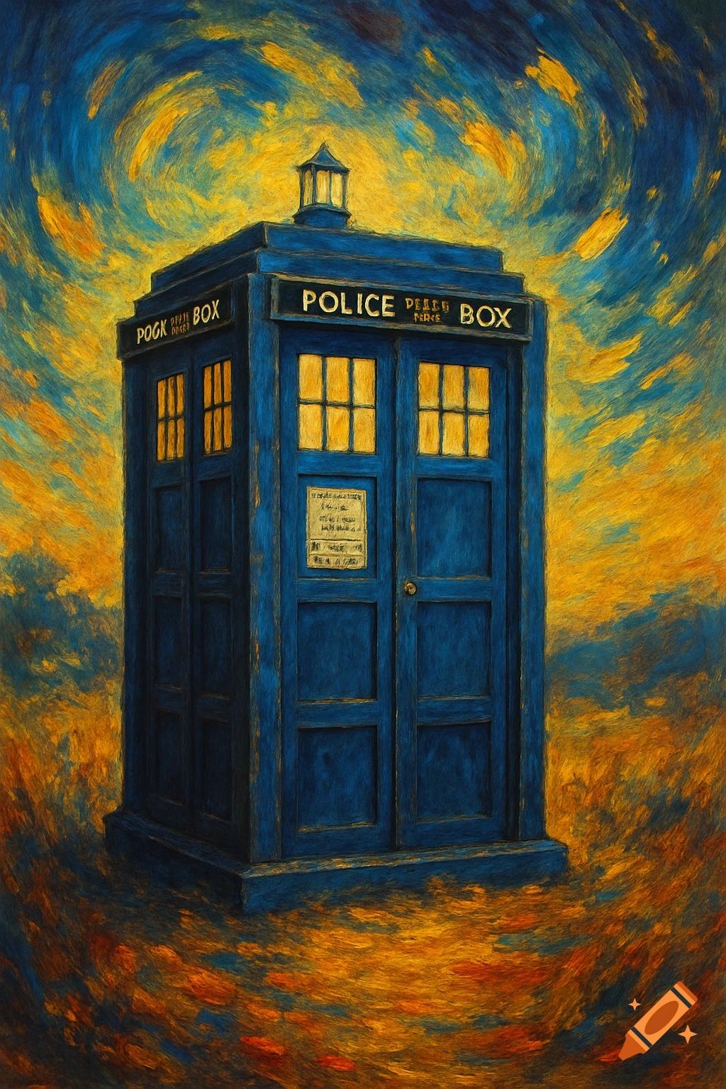A blue police box stands under a swirling yellow and blue sky, rendered in a painting style reminiscent of Van Gogh.