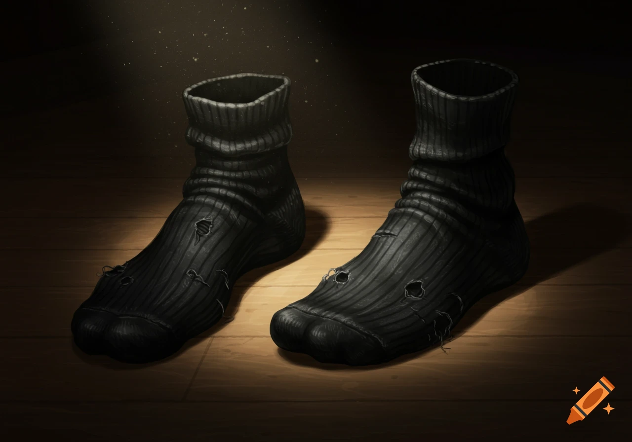 Two dark, torn socks with holes lie on a wooden floor under dramatic light.