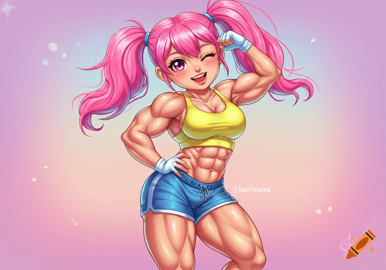 Anime girl with pink pigtails flexing her muscles, wearing a yellow top and blue shorts.
