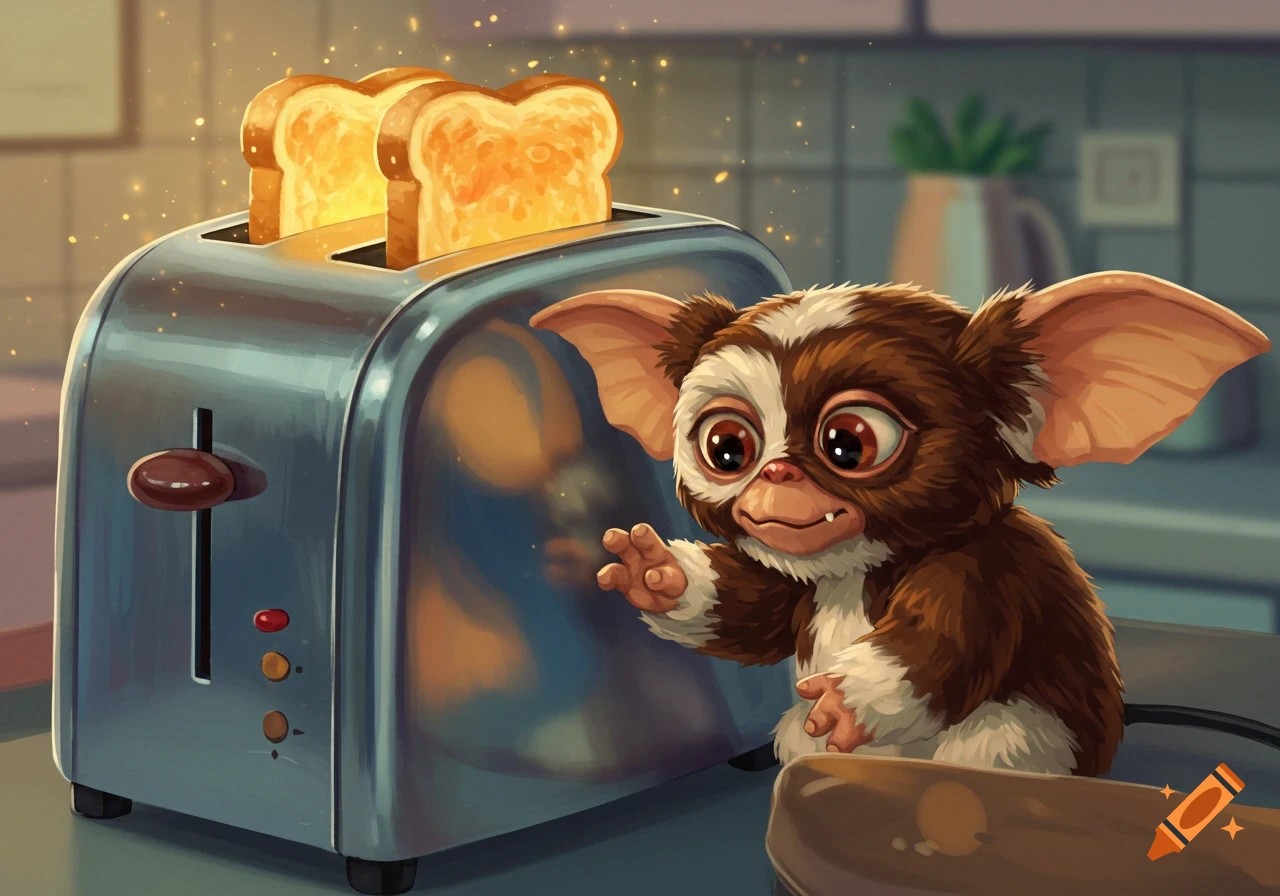 A cute gremlin peeks from behind a toaster with toast in a kitchen, cartoon style.