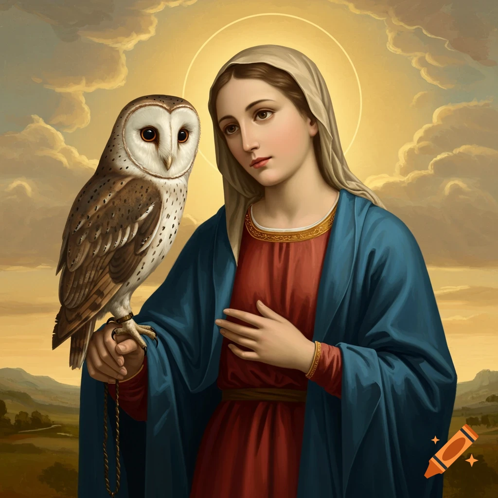 Painting of the Virgin Mary with an owl perched on her arm.