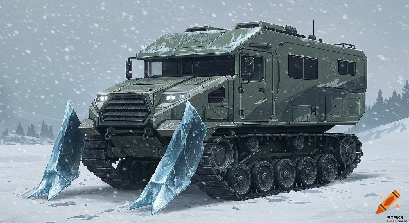 A detailed, sci-fi armored tracked vehicle with large ice spikes in a snowy landscape.