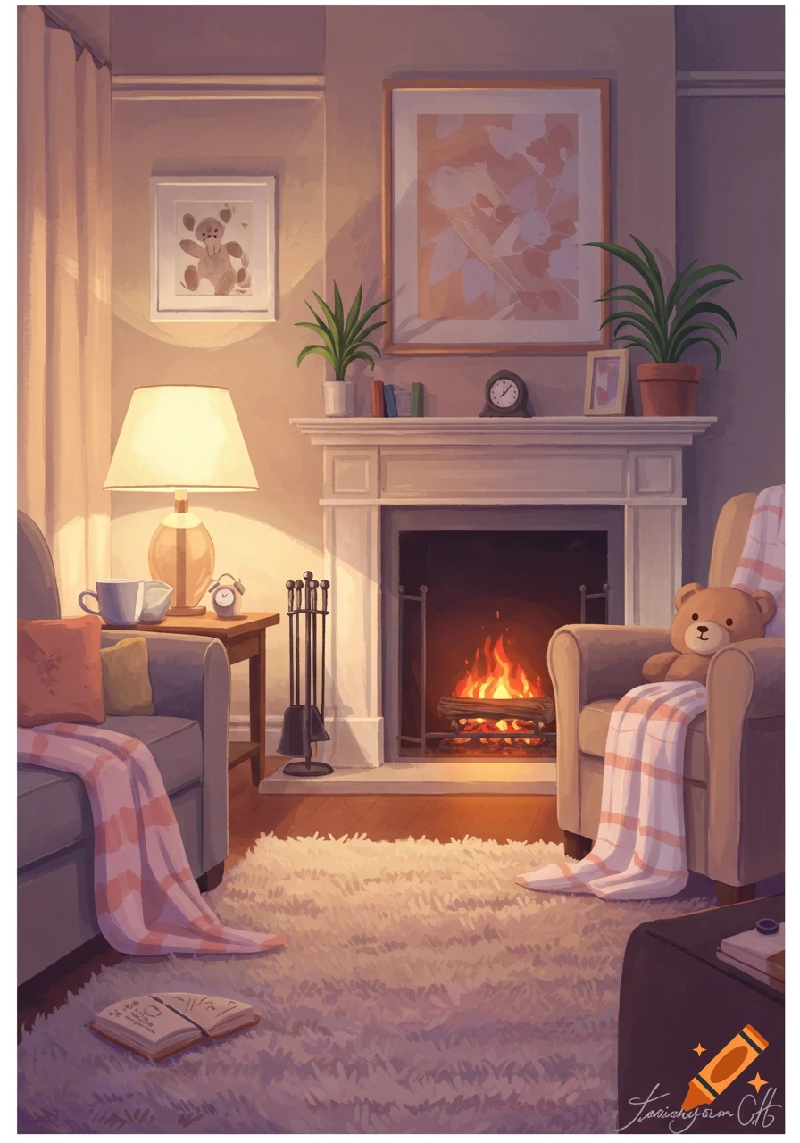 A cozy living room with a fireplace, armchair, sofa, and teddy bear in a painterly style.