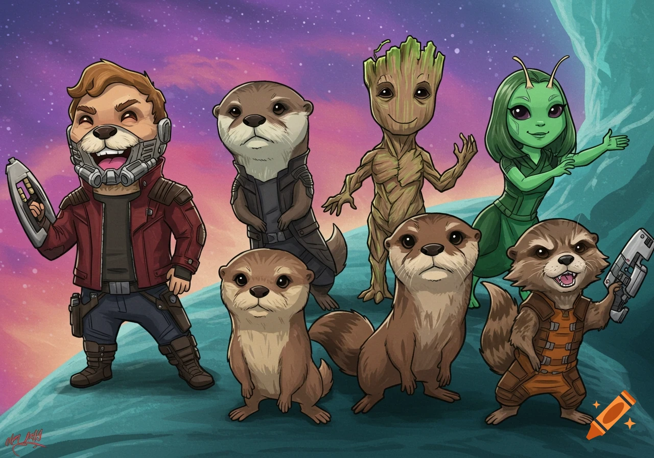 Cartoon illustration of otters dressed as Guardians of the Galaxy characters in a space setting.
