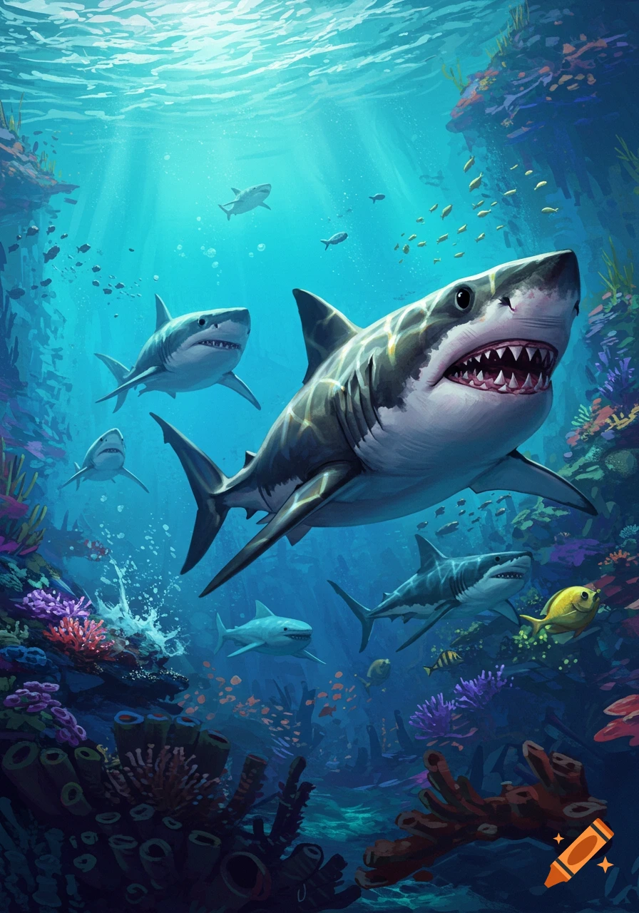 Multiple sharks and fish swim among colorful coral reef in an underwater digital painting.