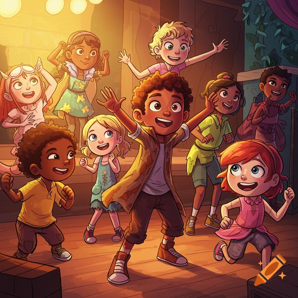 Group of diverse kids in costumes enthusiastically dancing and performing on a stage, in a bright cartoon illustration style.